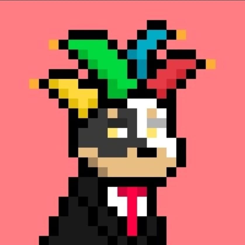 Rock official pixel profile picture — @Rockmetax Official Rock coral-background pixel dog with a jester hat